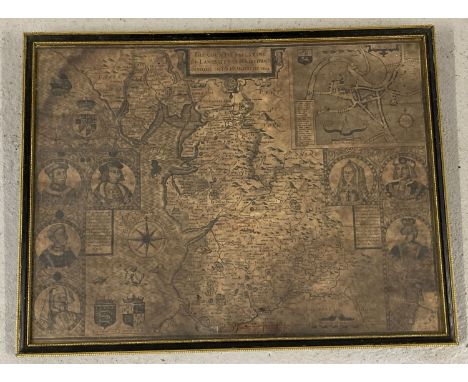 A vintage framed and glazed print of Lancashire.   Frame size approx. 37.5cm x 49cm.
