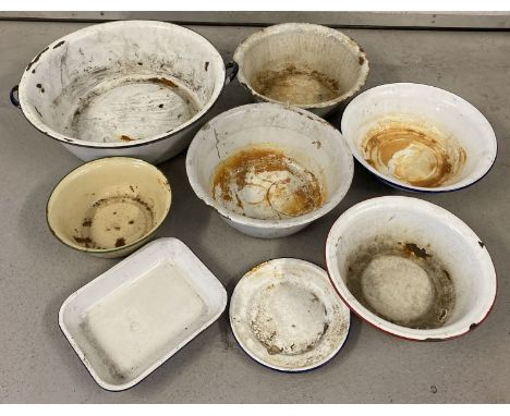 8 vintage enamel ware bowls and dishes.  Some pieces a/f.  Largest bowl approx. 50cm diameter.