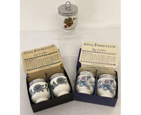 A collection of Royal Worcester egg coddlers, to include 2 boxed pairs.  Comprising: a pair of "Palmyra" pattern boxed coddle