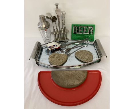 A collection of assorted breweriana and bar equipment.  To include: mirrored chrome tray, cocktail shaker and set of bar tool
