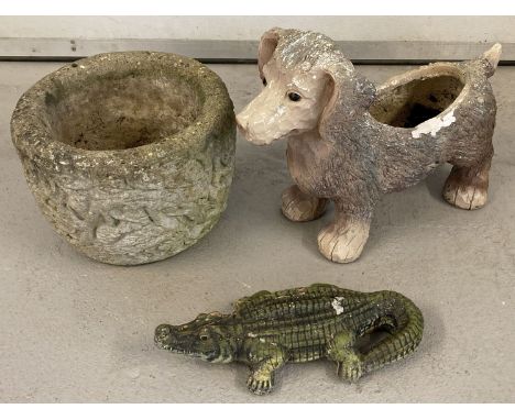 3 Garden ornaments. A concrete garden planter pot with fauna and bird decoration.  Together with a concrete crocodile garden 
