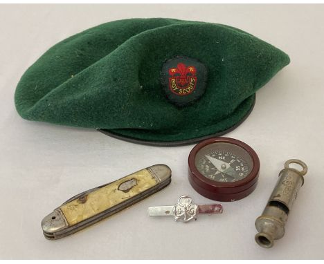 A vintage green Boy Scouts beret together with a "The Emea" Boy Scouts whistle, a Pathfinder "Major"  luminous magnetic compa