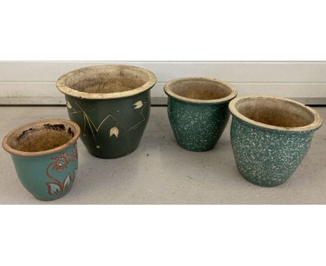 A collection of 4 ceramic garden pots with green glaze finish.  A matching pair of speckle decorated pots, together with a la