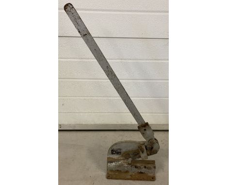 A vintage cast iron "Sampson" metal cutter.  Screw holes to base for bench or block mounting.  Total  height approx. 77cm tal
