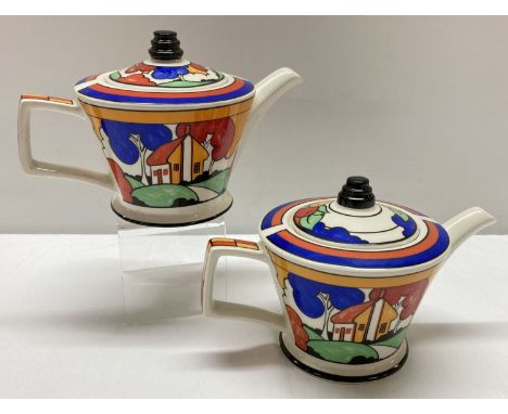 2 Sadler Art Deco style teapots inspired by Clarice Cliff "Red Roofs" pattern.   Approx. 13cm tall.