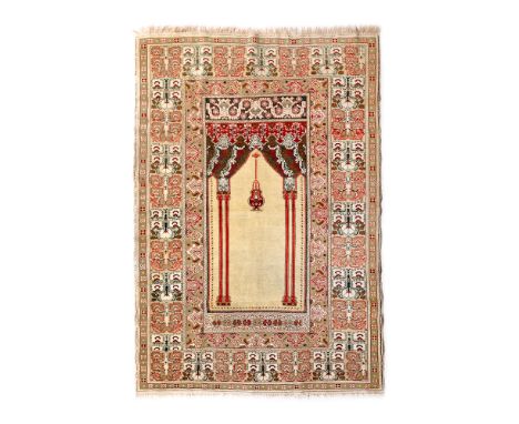 Ghiordes prayer mat, wool, illustrating two columns and a lamp, Turkey, approx. 1930, wool on wool warp, 185 × 134 cm