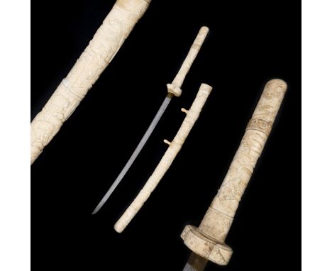 Wakizashi Japanese sword, with sheath and carved bone handle, first half of the 20th century, steel, bone, wood, catfish leat