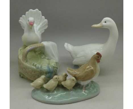 Two Nao figures of a hen and goose and one other Spanish figure, base a/f