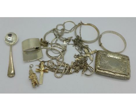 Silver jewellery and a Victorian silver snuff box, Birmingham 1886, and a plated salt spoon