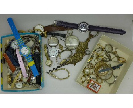 Assorted watch spares and wristwatches including Sekonda, Avia, Casio, silver case and a lady's gold cased wristwatch, bottle
