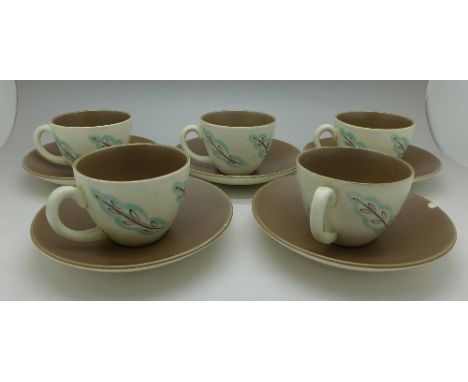 Five Poole Feather Drift pattern coffee cups and saucers