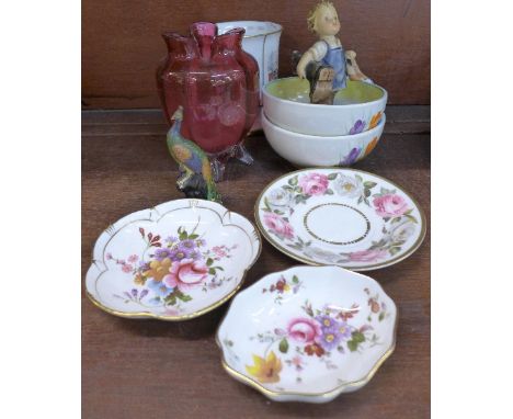 Two Wilkinson Crocus pattern bowls, a cranberry glass vase, feet a/f, Derby dishes, etc., some a/f