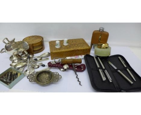 A hip flask, flatware, a carved box, a table lighter, etc.