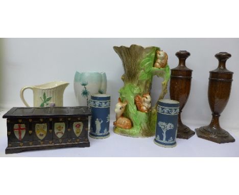 A pair of oak candlesticks, a Radford vase, two Wedgwood Jasperware vases, two jugs including Withernsea fauna and a musical 