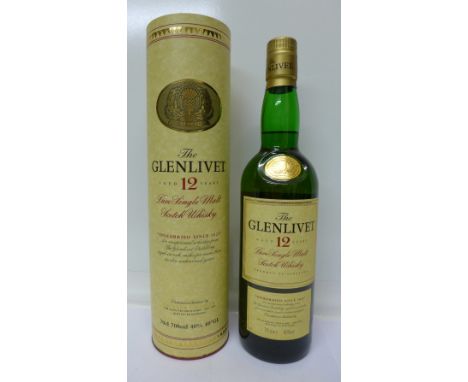 A bottle of Glenlivet aged 12 years single malt whisky, cased