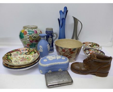 Two boxes of Wedgwood, Wade and other china, etc.