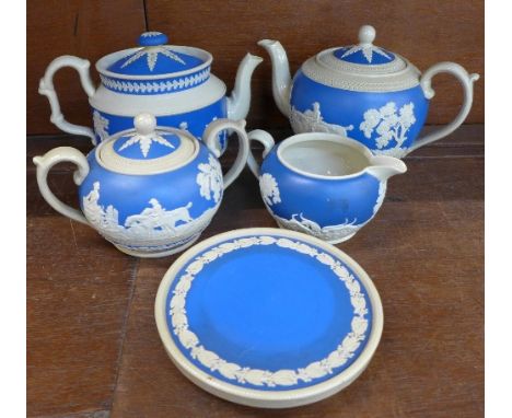 A Copeland Spode Jasperware three piece tea service and an additional similar teapot