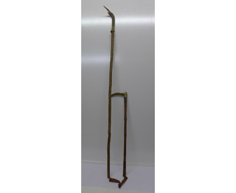 A silver mounted bamboo riding crop and crook with horn handle