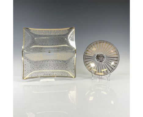 Midcentury modern bowl with classic Georges Briard style, signed in center 8" dia. and split platter with similar style and g
