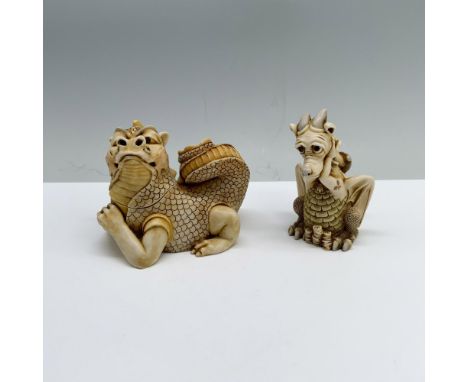 2pc Harmony Kingdom Box and Figurine, Cadmius and Lucky Streak. Cadmius, a jewelry box of a sand-colored dragon depicted in a