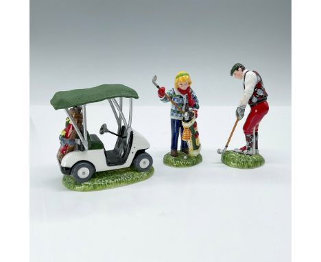 Handpainted ceramic decorations depicting a lady and gentleman golfing couple with their golf cart. Department 56 backstamp. 