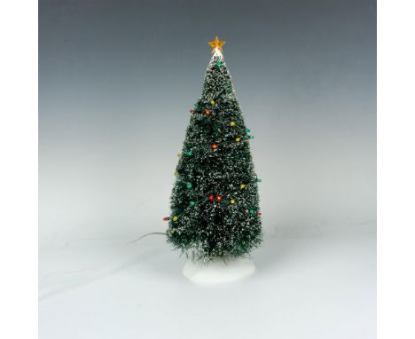 Bottle brush holiday tree that lights with plug in accessory. Colored in deep green with white for snow effect, star at top o