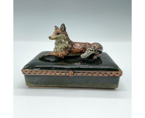 This rectangular box is a gorgeous mossy green enameled featuring a crystal encrusted fox on top. The interior opens with a h