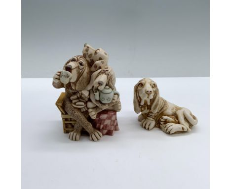 2pc Harmony Kingdom Box and Figurine, E.C Tea Party and Neil. E.C. Tea Party, a jewelry box depicting three dogs enjoying tea