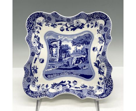 Dish represents 250th Anniversary Collection. Blue transfer design depicting Italian country scenes and intricate floral bord