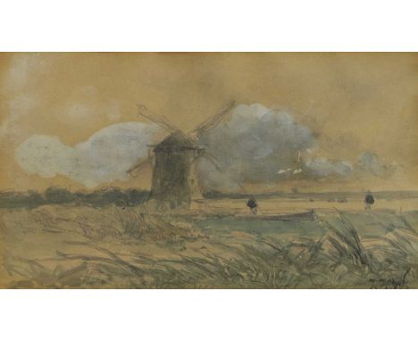 Hendrik Johannes ('Jan') Weissenbruch (Dutch, 1824-1903) An open landscape with a windmillsigned with initials l.r., watercol