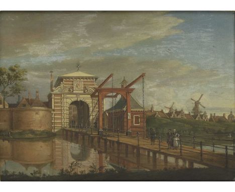 Paulus Constantijn la Fargue (Dutch, 1729-1782) Figures on the Rembrandt Bridge over the Galgewater, Leidensigned 'P C La Far