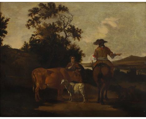 Circle of Adriaen van de Velde (Dutch, 1636-1672) A horseman conversing with a boy, with a cow and sheep in a river landscape