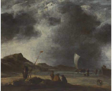 Hendrick Jacobsz. Dubbels (Dutch, 1621-1707) A coastal scene with fisherfolk and boats under stormy skiesoil on canvas27 x 32