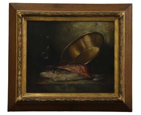 Charles Lebrun (French, 19th century) Still life of fish, a bottle and a brass pan signed 'CH Lebrun' l.r., oil on canvas54 x