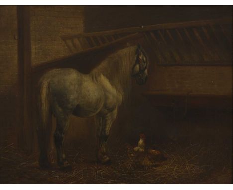 H... Scott (19th century) A grey horse and chickens in a stablesigned and dated 'H. Scott/1884' l.l., oil on canvas43 x 56cmC