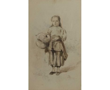 Jacob Hendrick Maris (Dutch, 1837-1899) A young girl carrying a basketsigned and dated 'J Maris 1866' l.l., pen and ink and w