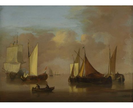 Jan Van Os (Dutch, 1744-1808) Dutch fishing boats and other vessels in calm waterssigned 'J. Van Os' l.r., oil on panel19 x 2