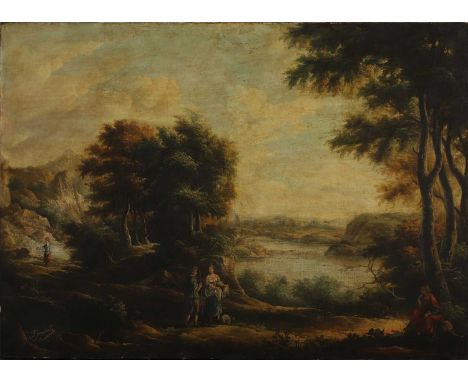Manner of Francesco Zuccarelli An Italianate landscape with figures by a lakebears signature l.l., oil on canvas70 x 100cm, u