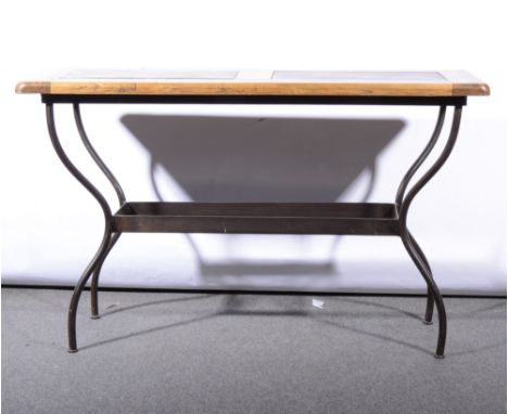 Slate inset console table, rectangular oak and slate inset top, metal base, width 126cm, depth 45cm, height 77cm.