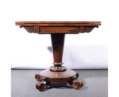 Victorian rosewood card table, rectangular fold-over top with rounded corners, plain tablet frieze with scrolled corbels, tap