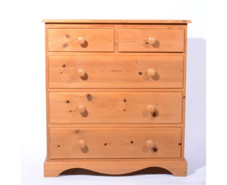 Modern pine chest of drawers, rectangular top, two short and three long drawers with turned handles, bracket feet, width 87cm