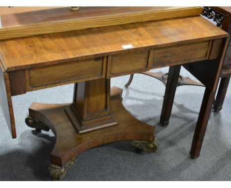 Regency rosewood pedestal sofa table, rectangular leave fitted with two frieze drawers, incorporating a tablet centre, square