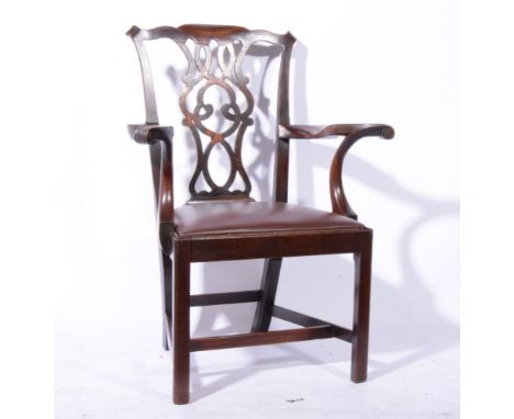 Georgian mahogany framed carver chair in the Chippendale style with drop in seat and scrolling arms, overall width 77cm, heig