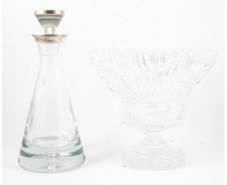 A contemporary silver-mounted decanter, Broadway &amp; Co, 2005, conical glass body; together with a large cut glass octagona