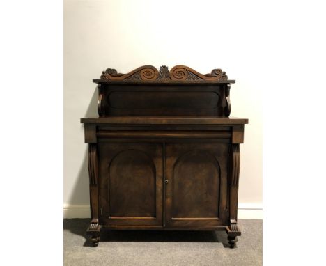 Victorian mahogany chiffonier, scrolled pediment above a shelf, rectangular top, concealed frieze drawer, arched panelled cup