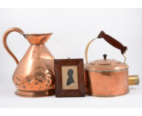 Victorian silhouette, rectangular rosewood frame, 15.5x12cm, copper measure, kettle, three-fold fire screen.