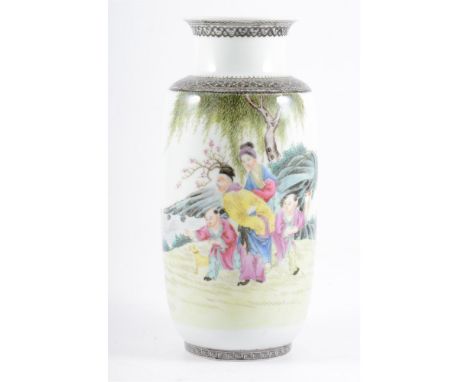 Chinese famille rose rouleau vase, bearing four-character seal mark, painted with a family group at leisure, with a rocky out