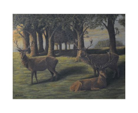 W. Bland, Stags in parkland, signed and dated 1931, oil on canvas, 21cm x 27 cm; after M Doveston; An Unwelcome Visitor, colo