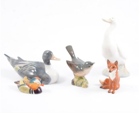 A Copenhagen porcelain model of a mallard duck, 16cm, a Peter Scott mandarin duck, Franz porcelain jug, Nao and other models,