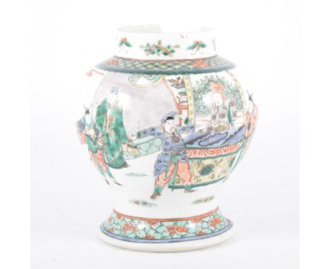 Chinese famille verte baluster shaped jar, Kangxi style decoration with warriors, other figures and rock work, drilled throug